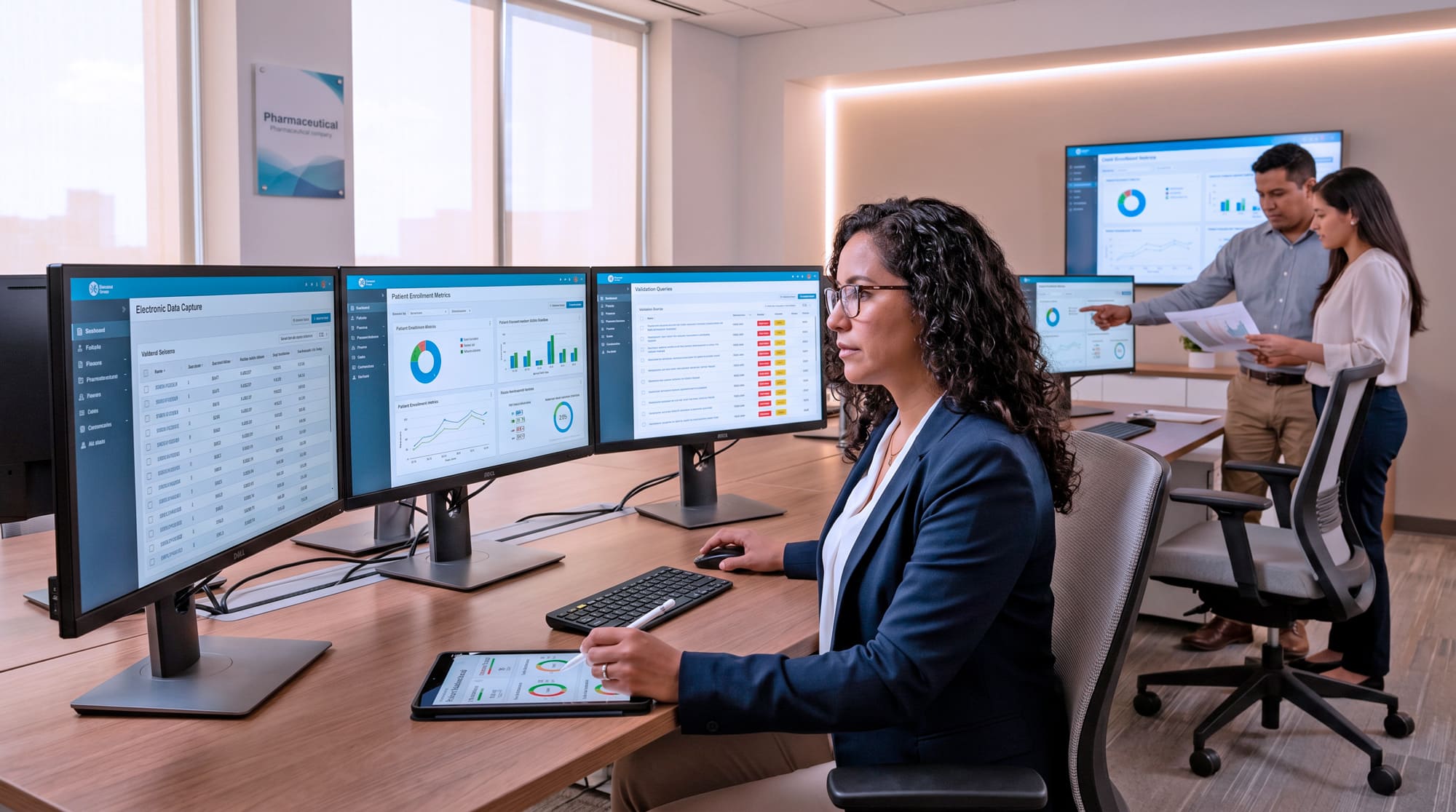 Clinical Data Manager reviewing electronic data capture and enrollment metrics dashboards