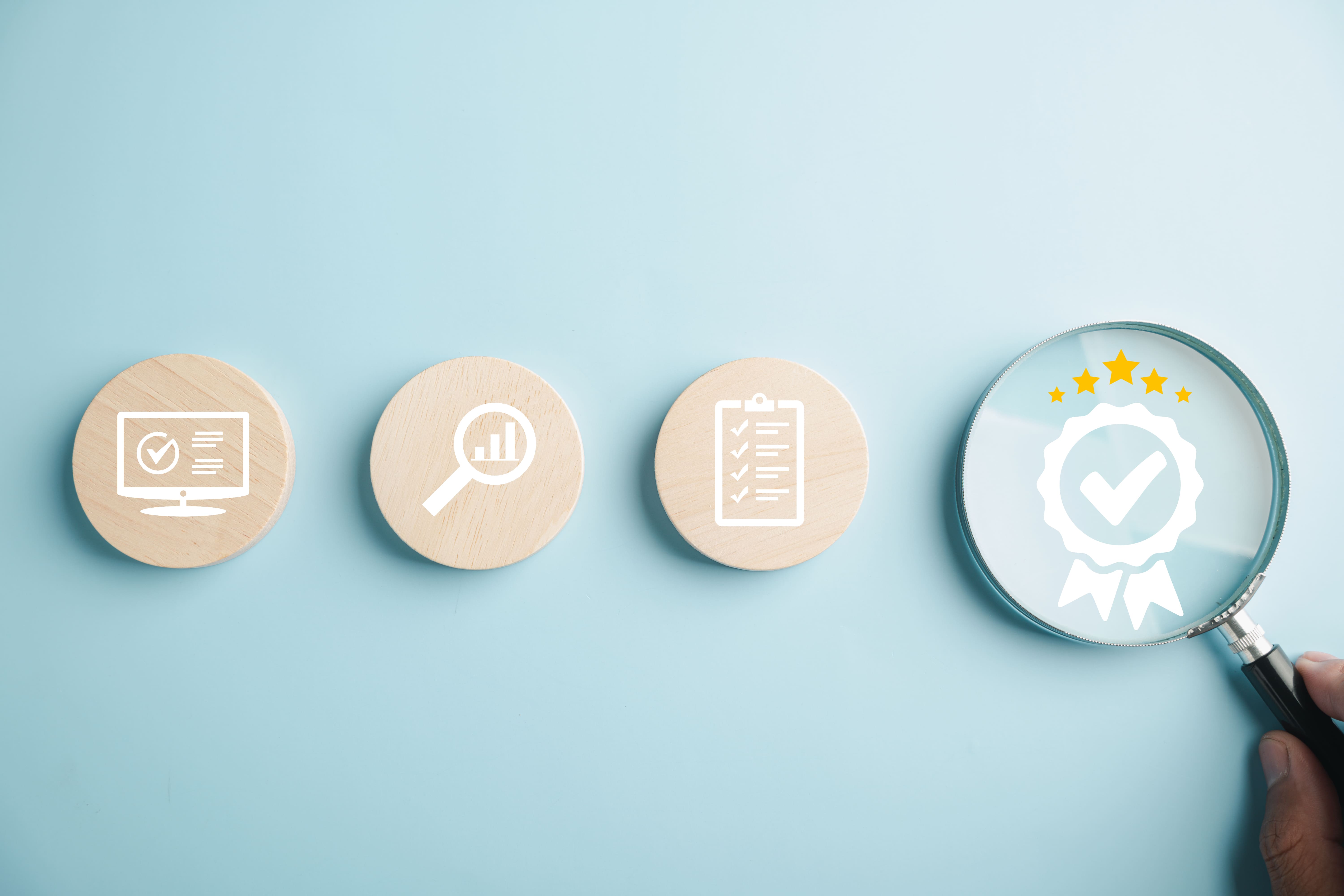 Quality assurance process icons: verification, analysis, checklist, certification