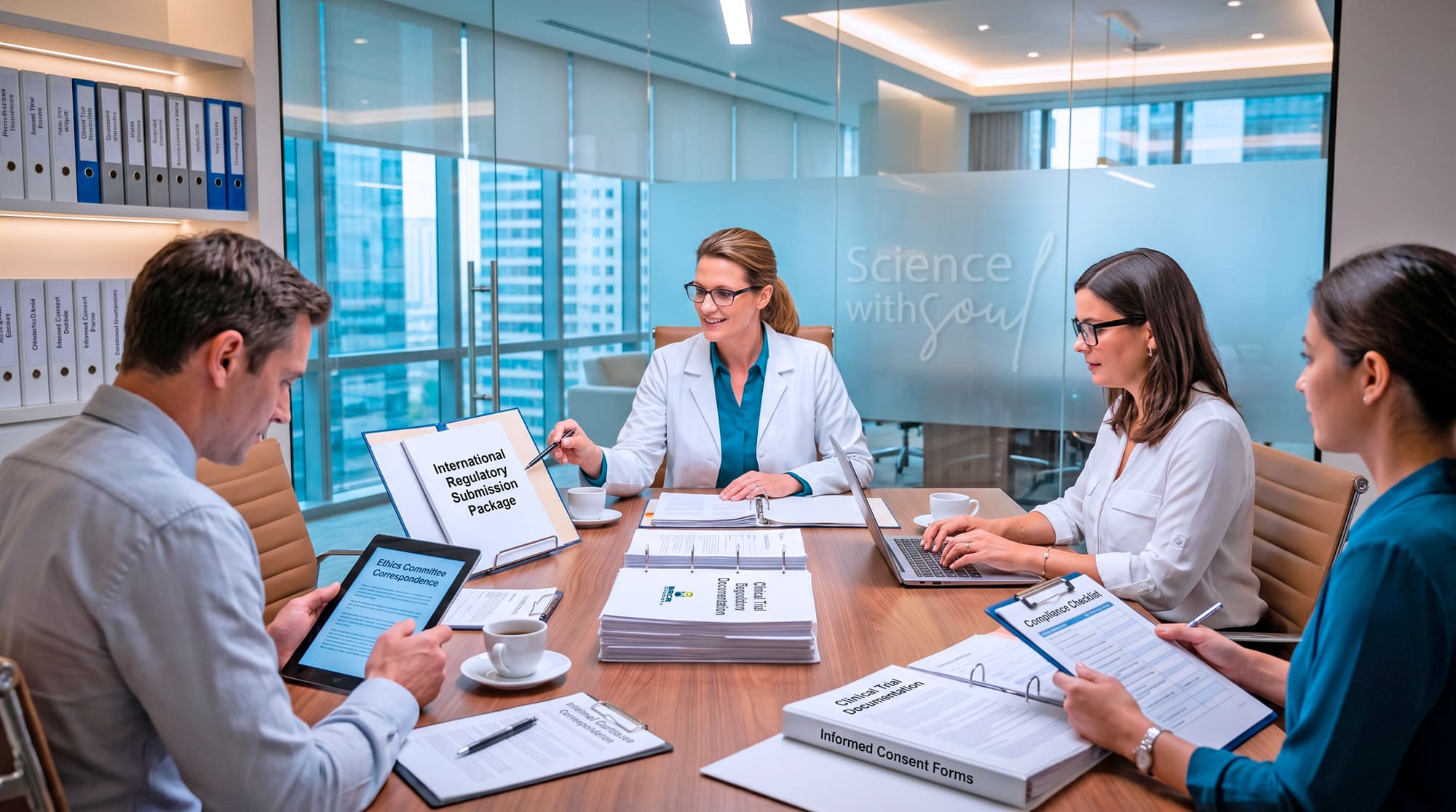 Regulatory team reviewing compliance workflow and submission forms