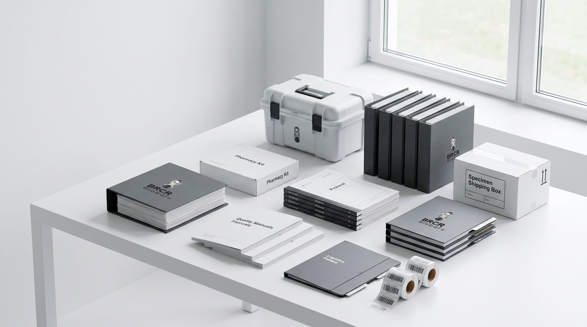 Organized supplier materials including pharmacy kits, protocols, and shipping documentation