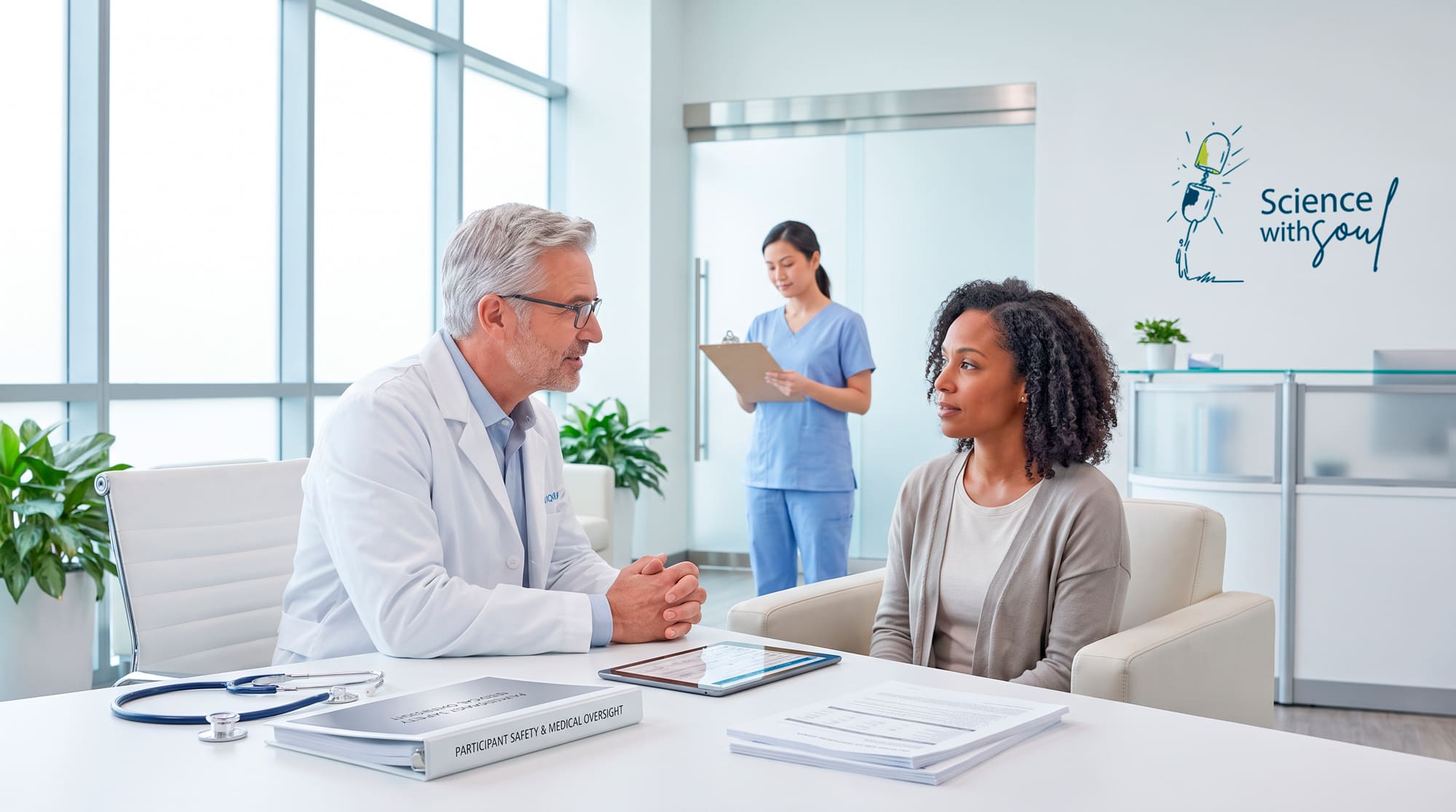 Physician reviewing participant safety and medical oversight with a study participant